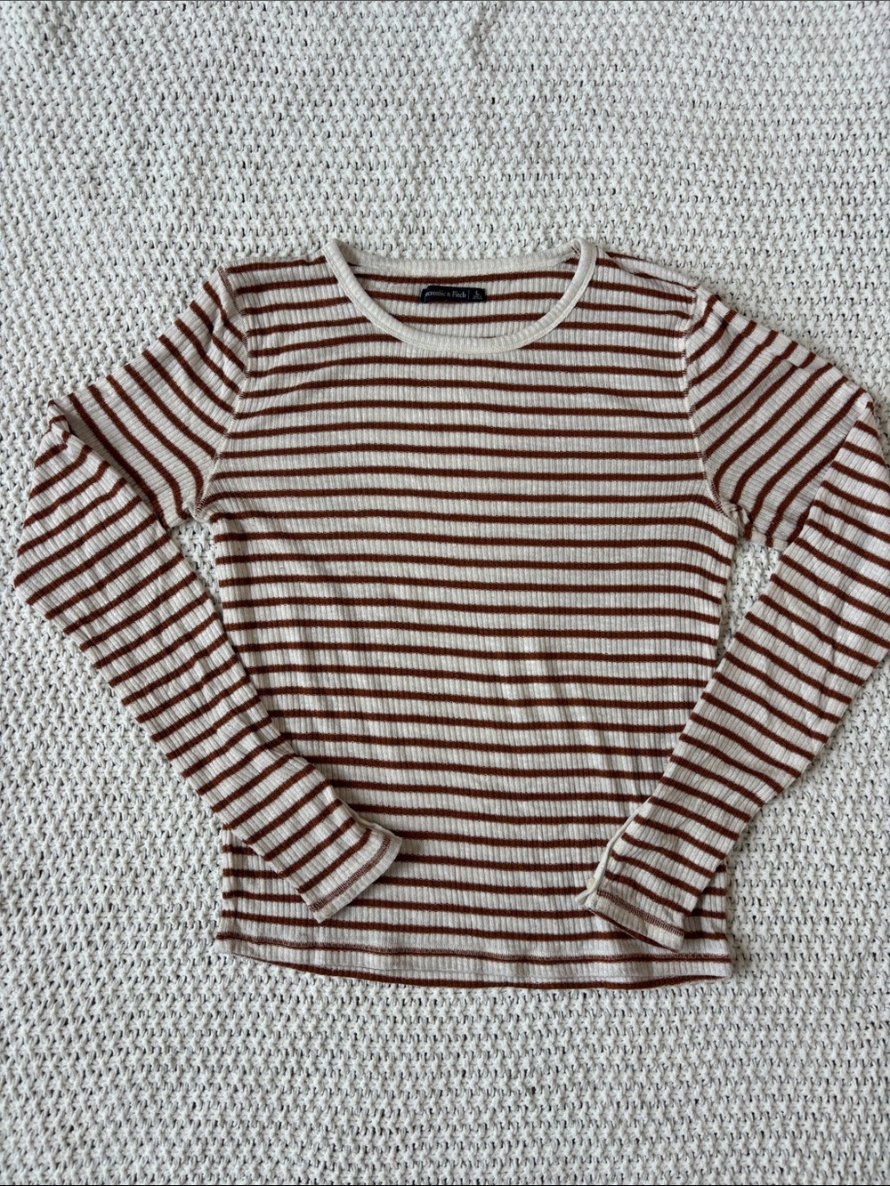 Abercrombie Burnt Orange and Cream Ribbed Long Sleeve Top Button Cuff Detail